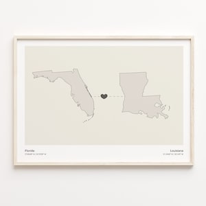 Florida naar Louisiana print, Louisianan gift, minimalistische State Connection kaart poster, reizen kunst aan de muur, landen hart kaart, C21-1317