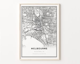 Puede incluir: Impresión de un mapa de Melbourne, Australia, en blanco y negro, con el nombre de la ciudad y las coordenadas impresas debajo del mapa.