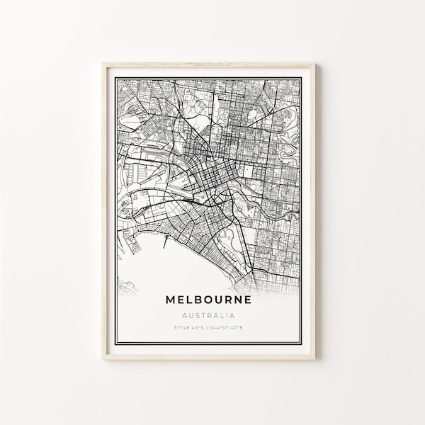 Downtown Melbourne Print, City Map Art Poster, Australia Victoria, Wall Art Decor, Modern Black and White Style, C13-600