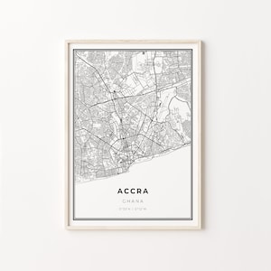 Impressão de Accra, pôster de arte de mapa da cidade, Gana, decoração de arte de parede, estilo moderno preto e branco, arte para presente, C13-445