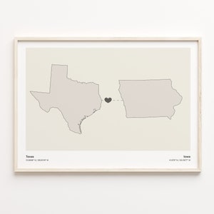 Texas to Iowa Print, Iowan Gift, Minimalistic State Connection Map Poster, Travel Wall Art, Goodbye Gift, C21-1259