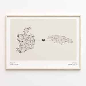 Druck von Irland nach Jamaika, italienisches Geschenk, minimalistisches Landverbindungskarten-Poster, Reise-Wandkunst, doppelte Staatsbürgerschaft, C21-1084