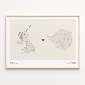 Großbritannien nach Simbabwe Druck, Simbabwe Geschenk, Minimalistische Land Verbindung Poster, Großbritannien Kunst, Umzug ins Ausland Geschenk, C21-398