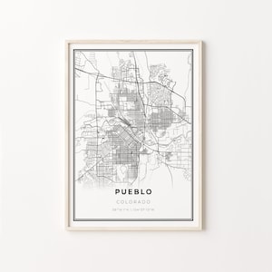 Pueblo Print, City Map Art Poster, Colorado CO USA, Wall Art Decor, Modern Black and White Style, Gift For Grandpa, C13-226