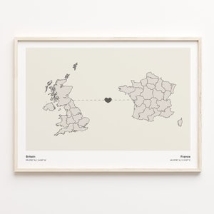 Impresión de Gran Bretaña a Francia, Regalo francés, Cartel minimalista del mapa de conexión del país, Arte del Reino Unido, Regalo de expatriado, C21-260