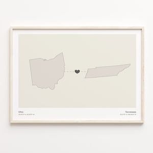 Ohio to Tennessee Print, Tennessean Gift, Minimalistic State Connection Map Poster, Travel Wall Art, LDR Gift, C21-1550