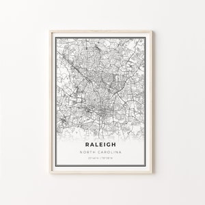 Raleigh Print, City Map Art Poster, North Carolina NC USA, Wall Art Decor, Modern Black and White Style, Minimal Art, C13-300