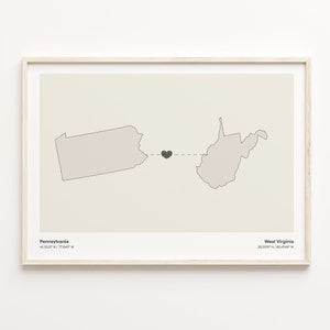 Pennsylvania to West Virginia Print, West Virginian Geschenk, Minimalistische Verbindungskarte Poster, Reise Wandkunst, im Ausland lernen, C21-1453