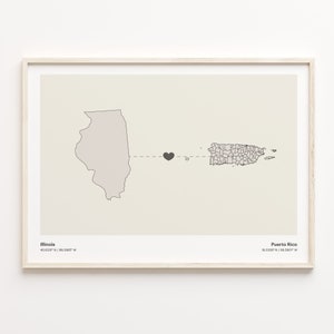 Illinois to Puerto Rico Print, Puerto Rican Gift, Minimalistic State Connection Map Poster, Travel Wall Art, Travel Abroad Map, C21-1494