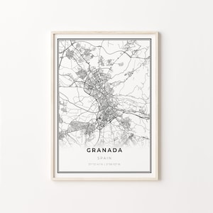 Grenada Print, Stadt Karte Kunst Poster, Spanien, Wand Kunst Dekor, Modern Schwarz Weiß Stil, Eingangsposter, C13-724