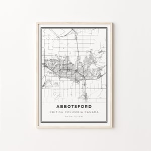 Impressão de Abbotsford, pôster artístico de mapa da cidade, Colúmbia Britânica BC Canadá, decoração de arte de parede, estilo moderno em preto e branco, C13-721
