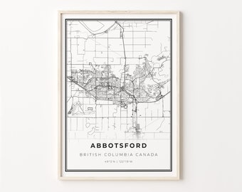 Abbotsford Print, City Map Art Poster, British Columbia BC Canada, Wall Art Decor, Modern Black and White Style, C13-721