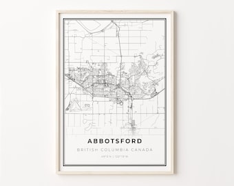 Abbotsford Print, City Map Art Poster, British Columbia BC Canada, Wall Art Decor, Modern Black and White Style, C13-721