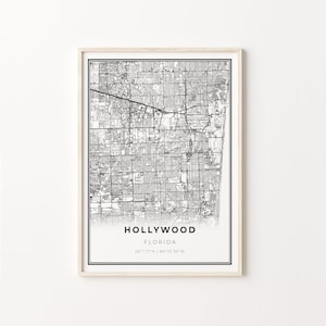Hollywood Print, City Map Art Poster, Florida FL USA, Wall Art Decor, Moderne Zwart-Wit Stijl, Cadeau voor een zus, C13-194