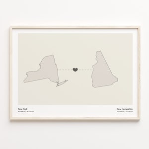 New York to New Hampshire Print, New Hampshirite Geschenk, Minimalistische Verbindung Map Poster, Reise-Wandkunst, doppelte Bürgerschaft, C21-1381