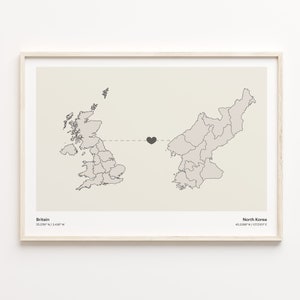 Britain to North Korea Print, North Korean Gift, Minimalistic Country Connection Map Poster, United Kingdom Art, Far Apart Gift, C21-335