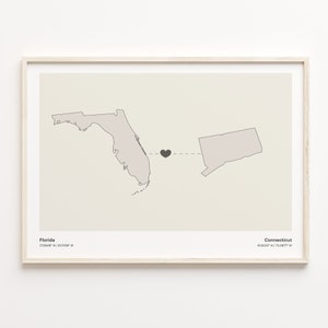 Florida naar Connecticut Print, Connecticuter Gift, Minimalistische State Connection Map Poster, Travel Wall Art, Home Abroad Map, C21-1305