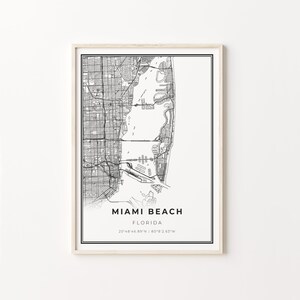 Miami Beach Print, City Map Art Poster, Florida FL USA, Wall Art Decor, Moderne Zwart-Wit Stijl, Cadeau voor rechter, C13-231