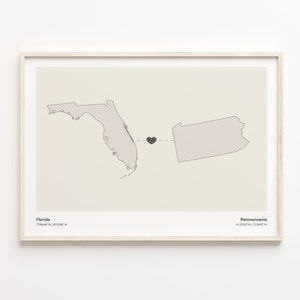 Florida naar Pennsylvania Print, Pennsylvanian Gift, Minimalistische State Connection Map Poster, Travel Wall Art, Travel Gift, C21-1337