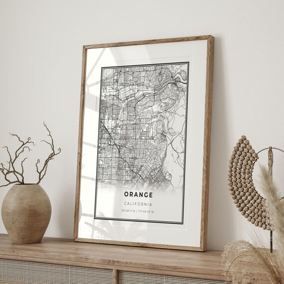 Orange California Map Print: Modern Black and White City Art - Etsy