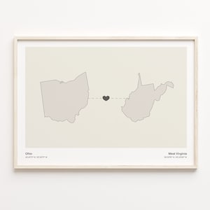 Ohio to West Virginia Print, West Virginian Gift, Minimalistic State Connection Map Poster, Travel Wall Art, Goodbye Map, C21-1557