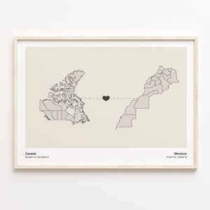 Canada to Marokko Druck, montenegrinische Karte, minimalistische Landkarte, Reisewandkunst, Länder Herz, C21-721