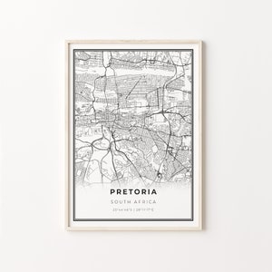 Impressão de Pretória, pôster de arte de mapa da cidade, África do Sul, decoração de arte de parede, estilo moderno em preto e branco, impressões de sala de jantar, C13-709