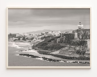 Puerto Rico Black and White Print: Coastal Cityscape Wall Art