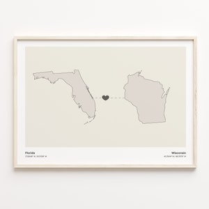 Florida naar Wisconsin print, Wisconsinite gift, minimalistische State Connection kaart poster, kunst aan de muur reizen, expat, C21-1348