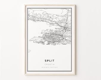 Split Croatia Map Art Print: Modern Black and White City Decor