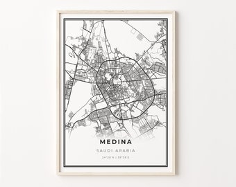Medina City Map Print: Modern Black and White Wall Art