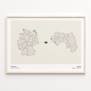Impressão da Alemanha para a Guiné, presente da Guatemala, pôster de mapa de conexão de país minimalista, arte de parede de viagem, mapa ao vivo no exterior, C21-471