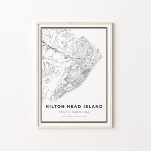 Impressão de Hilton Head Island, pôster artístico de mapa da cidade, Carolina do Sul SC EUA, decoração de arte de parede, estilo moderno em preto e branco, C13-60