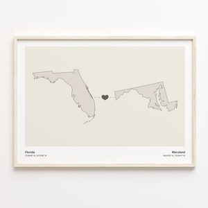 Florida naar Maryland Print, Marylander Gift, Minimalistische State Connection Map Poster, Travel Wall Art, Faraway Love Gift, C21-1319