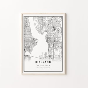 Kirkland Print, City Map Art Poster, Washington WA USA, Wall Art Decor, Modern Black and White Style, Large Posters, C13-292