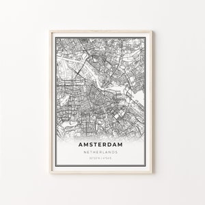 Impressão de Amsterdã, pôster artístico de mapa da cidade, Holanda Nederland Holanda, decoração de arte de parede, estilo moderno preto e branco, C13-813