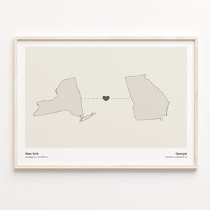 New York to Georgia Druck, georgisches Geschenk, Minimalistische Verbindungskarte Poster, Reise-Wandkunst, im Ausland lebendes Geschenk, C21-1361