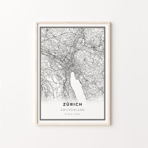 Zürich Print, City Map Art Poster, Zurich Switzerland  Swiss, Wall Art Decor, Modern Black and White Style, Office Art Print, C13-682
