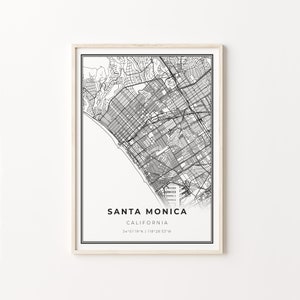 Santa Monica Print, City Map Art Poster, California CA USA, Wall Art Decor, Modern Black and White Style, Scandinavian Map, C13-301