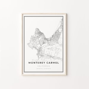 Monterey And Carmel Poster, Stadt Karte Kunst Poster, Kalifornien CA USA, Wand Kunst Dekor, Schwarz Weiss Stil, C13-366