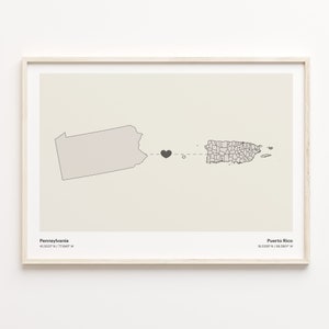 Pennsylvania to Puerto Rico Print, Puerto Rican Gift, Minimalistic State Connection Map Poster, Travel Wall Art, Friendship Gift, C21-1442