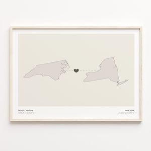 North Carolina to New York Print, New Yorker Geschenk, Minimalistische US Bundesstaat Verbindung Karte Poster, Reise Wandkunst, Expat, C21-1645