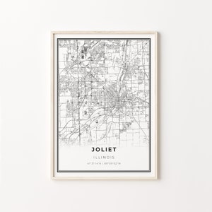 Joliet Print, City Map Art Poster, Illinois IL USA, Wall Art Decor, Modern Black and White Style, Modern Poster, C13-4