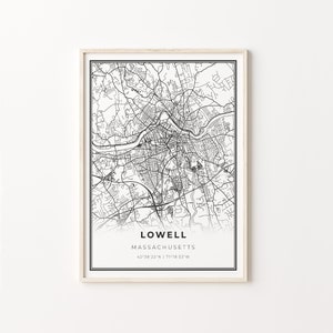 Lowell Massachusetts Map Art Print: Modern Black and White City Poster
