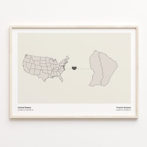 USA to Französisch-Guayana Print, Guayanas Geschenk, minimalistische Landkarte Poster, USA Wandkunst, Expat Geschenk, C21-62