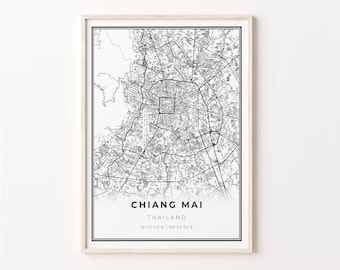 Chiang Mai Map Print: Modern Black and White Thailand Wall Art