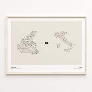 Kanada nach Italien Druck, israelisches Geschenk, minimalistisches Landverbindungskarten-Poster, Reise-Wandkunst, internationale Liebe, C21-685