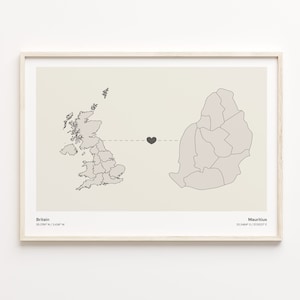 Britain to Mauritius Print, Mauritian Gift, Minimalistic Country Connection Map Poster, United Kingdom Art, Expatriate Gift, C21-317