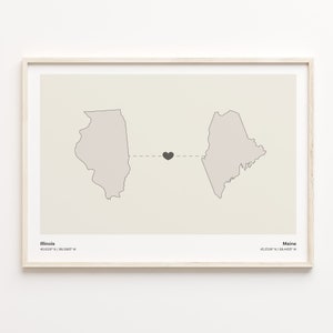 Impression de l'Illinois au Maine, cadeau Mainer, affiche de carte minimaliste de connexion d'état, art mural de voyage, carte de bienvenue, C21-1476