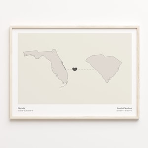 Florida naar South Carolina Print, South Carolina Gift, Minimalistische State Connection Map Poster, Travel Wall Art, Emigratie Gift, C21-1340